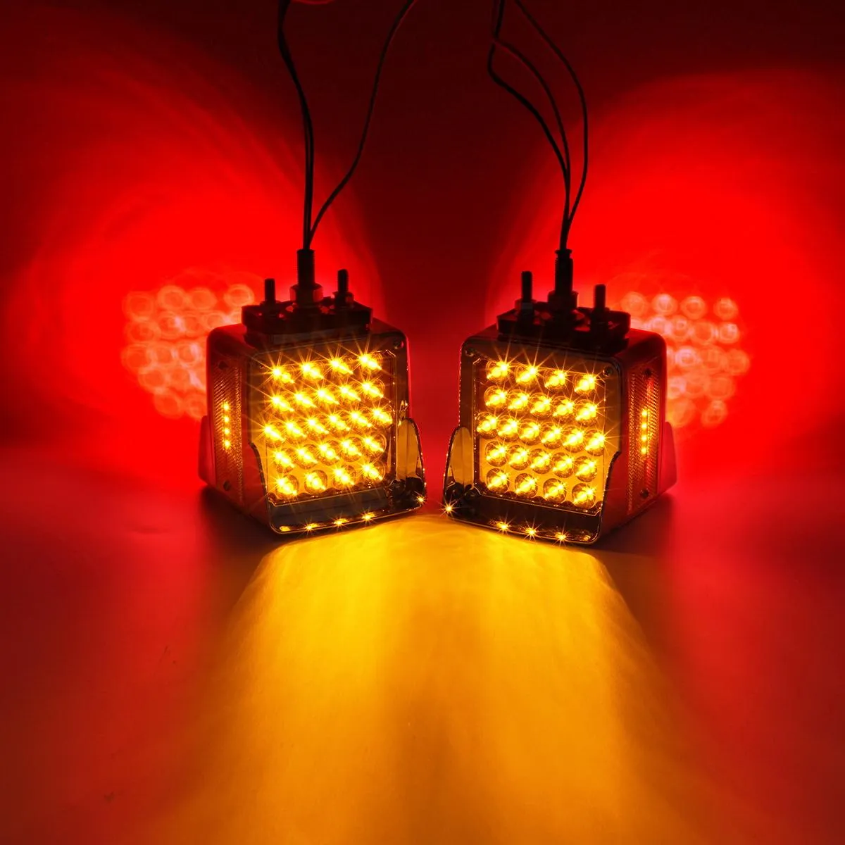 Partsam Pair Truck Trailer 52 LED Red/Amber Square Double Face Pedestal Fender Stop Turn Tail Lights Three Stud Mount Bezel Visor Waterproof Replacement for Peterbilt/Kenworth/Freightliner Trucks