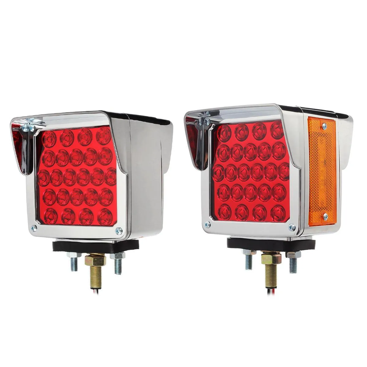 Partsam Pair Truck Trailer 52 LED Red/Amber Square Double Face Pedestal Fender Stop Turn Tail Lights Three Stud Mount Bezel Visor Waterproof Replacement for Peterbilt/Kenworth/Freightliner Trucks