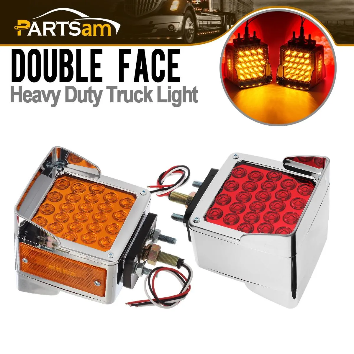 Partsam Pair Truck Trailer 52 LED Red/Amber Square Double Face Pedestal Fender Stop Turn Tail Lights Three Stud Mount Bezel Visor Waterproof Replacement for Peterbilt/Kenworth/Freightliner Trucks