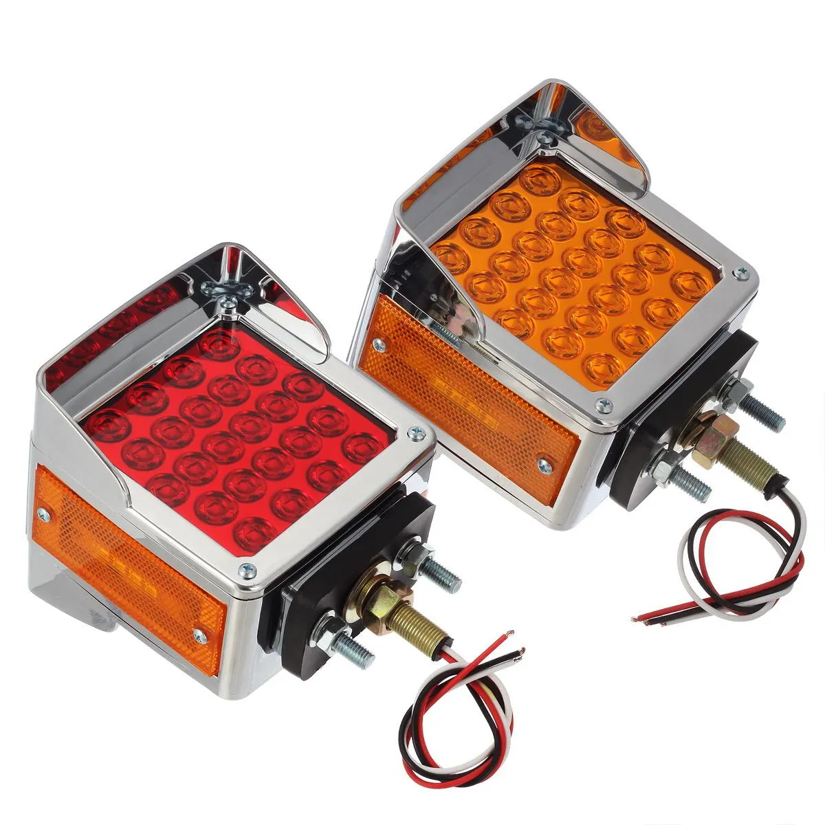 Partsam Pair Truck Trailer 52 LED Red/Amber Square Double Face Pedestal Fender Stop Turn Tail Lights Three Stud Mount Bezel Visor Waterproof Replacement for Peterbilt/Kenworth/Freightliner Trucks