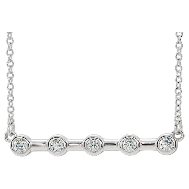 Platinum or 14K Yellow Rose White Gold or Silver 1/6 CTW Diamond Bezel Set Bar Necklace