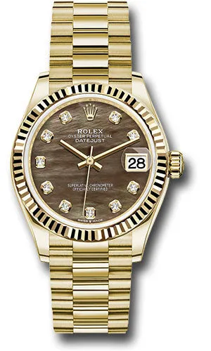 Rolex Yellow Gold Datejust 31 Watch - Fluted Bezel - Dark Mother-of-Pearl Diamond Dial - President Bracelet 278278 dkmdp