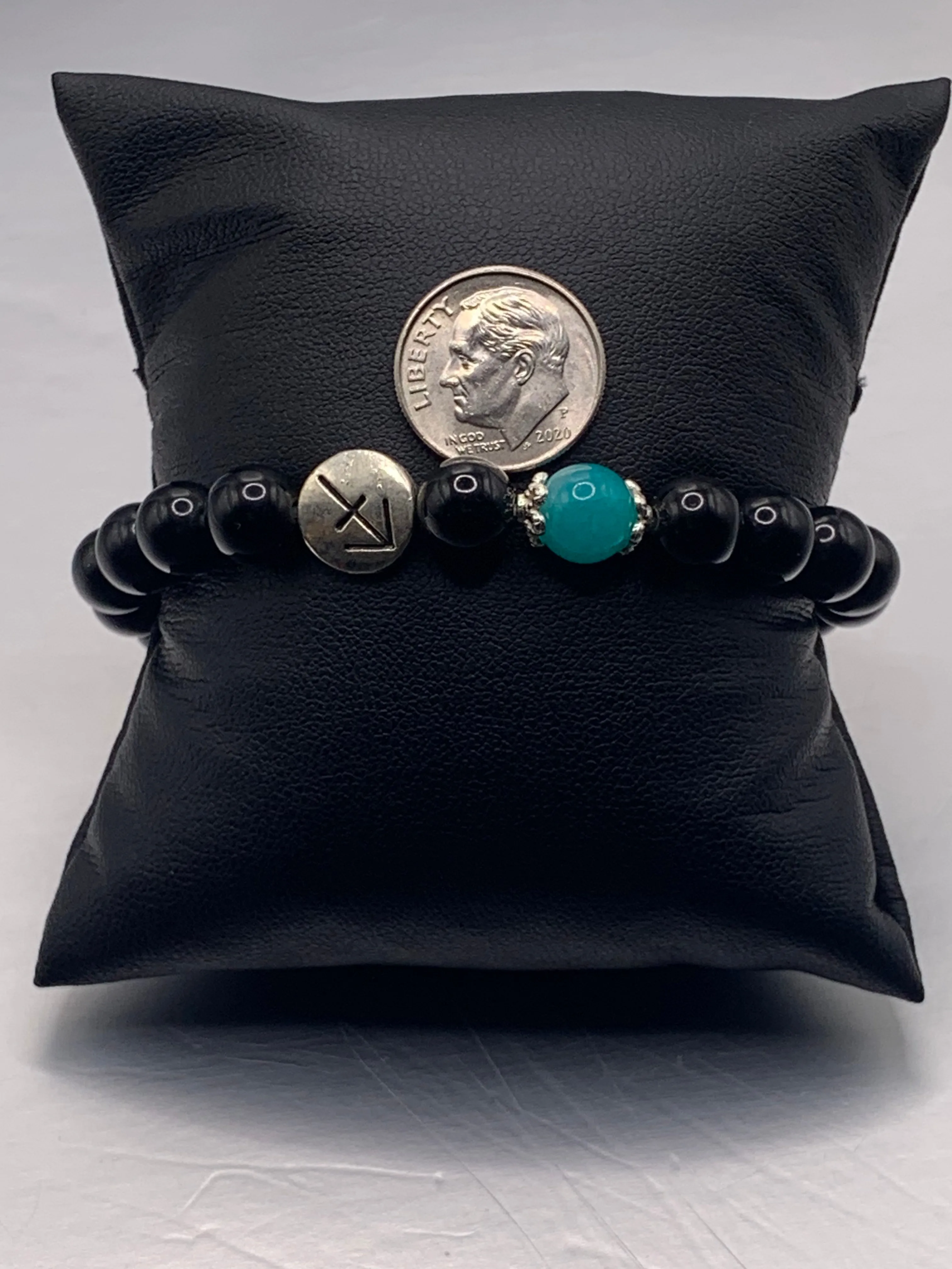 Sagittarius Zodiac black obsidian with aquamarine chalcedony semi precious stone/crystal elastic beaded bracelet with silver accents