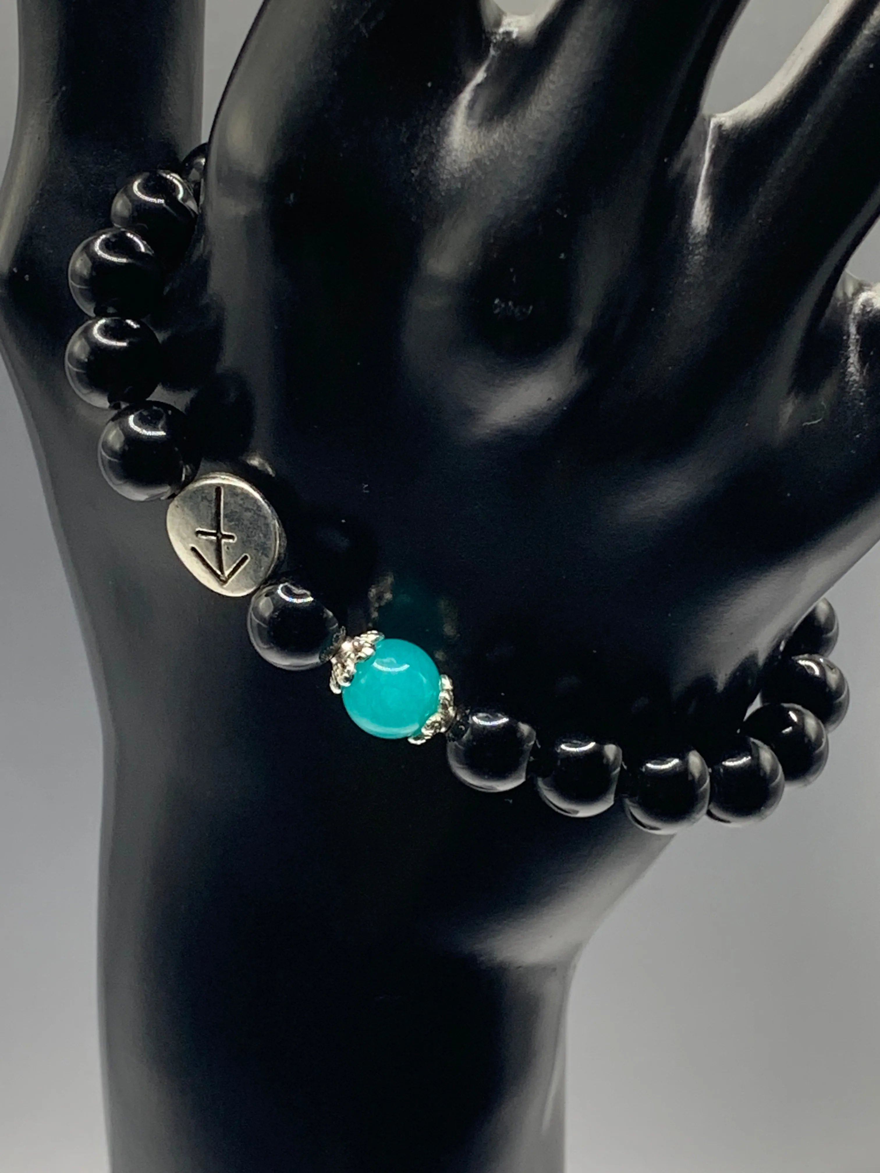 Sagittarius Zodiac black obsidian with aquamarine chalcedony semi precious stone/crystal elastic beaded bracelet with silver accents