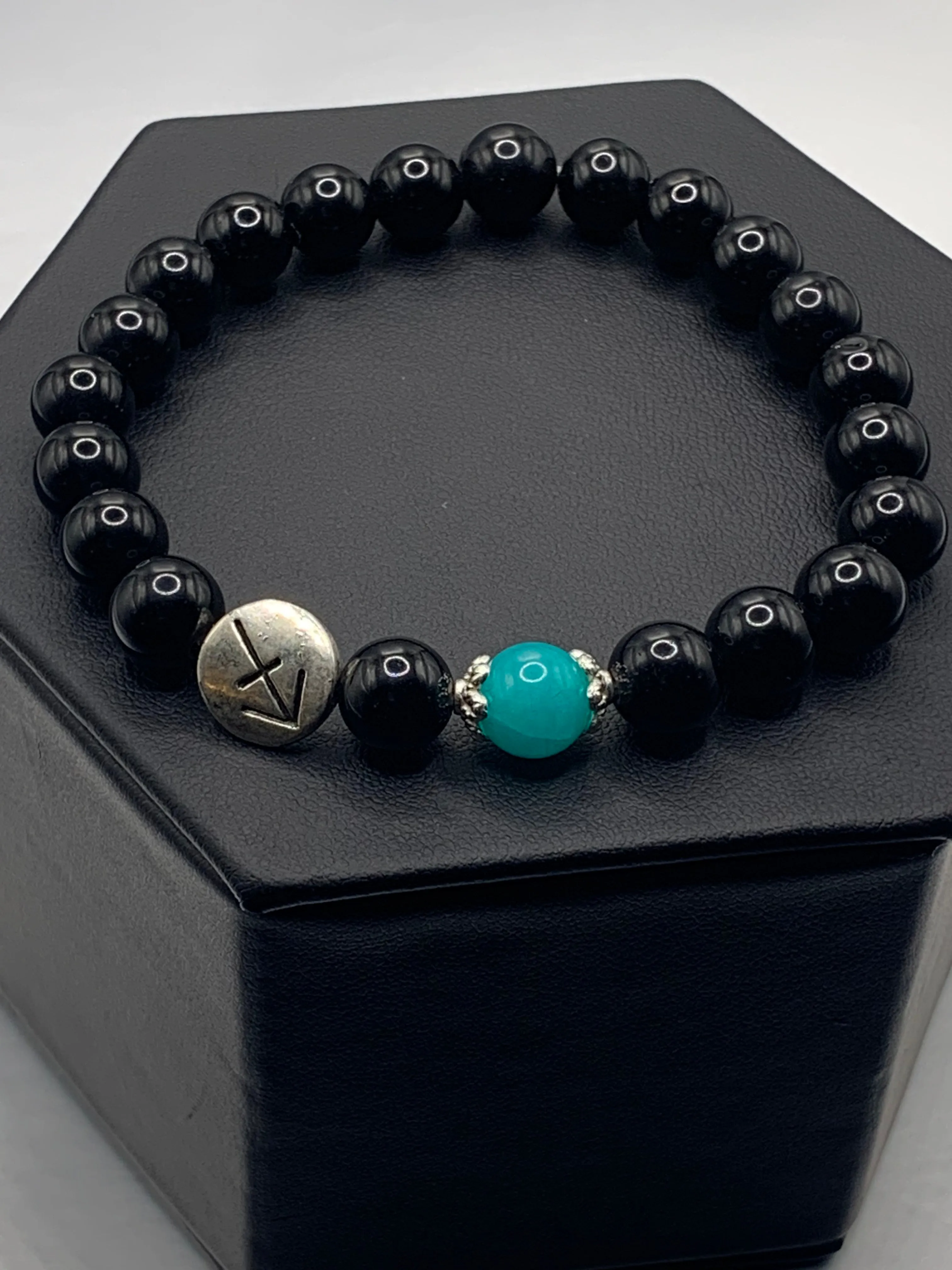 Sagittarius Zodiac black obsidian with aquamarine chalcedony semi precious stone/crystal elastic beaded bracelet with silver accents