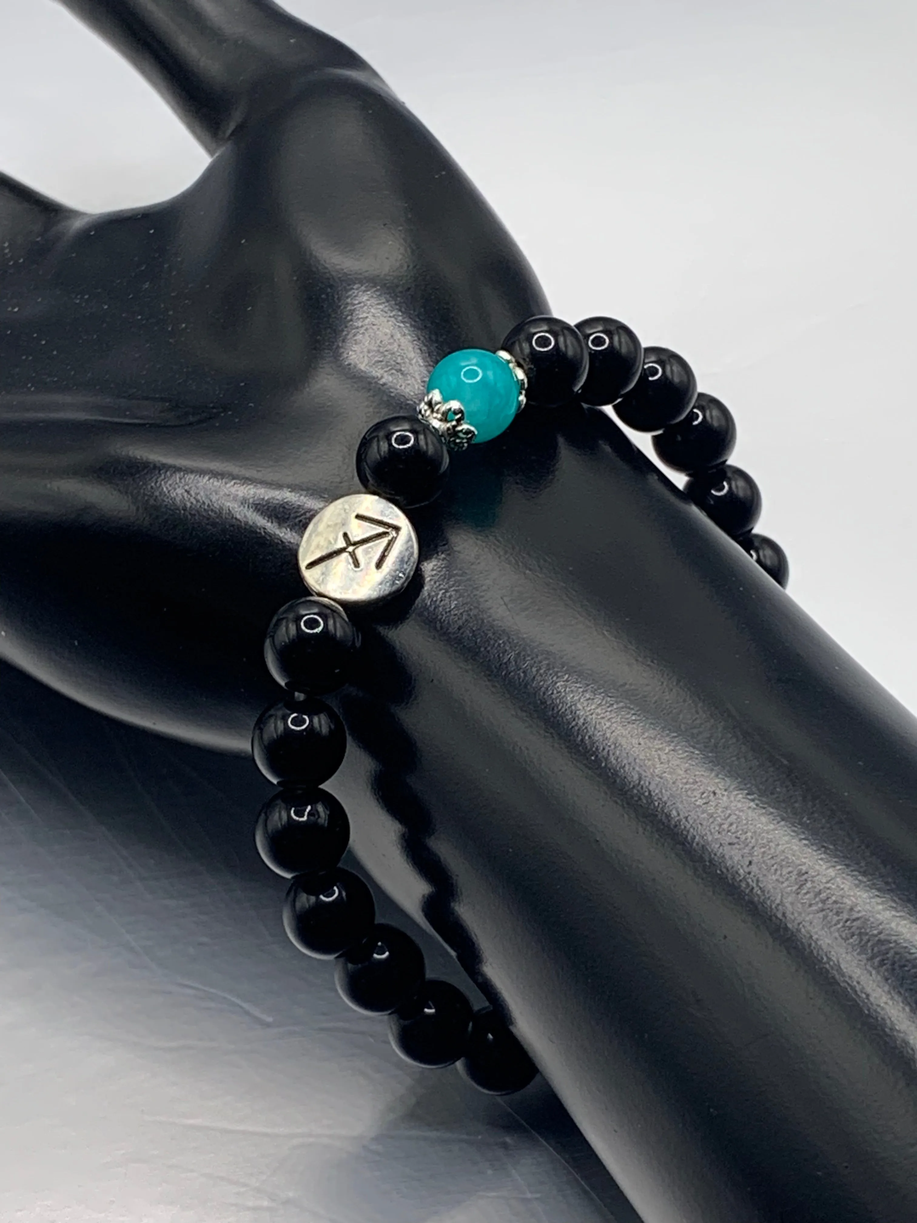 Sagittarius Zodiac black obsidian with aquamarine chalcedony semi precious stone/crystal elastic beaded bracelet with silver accents
