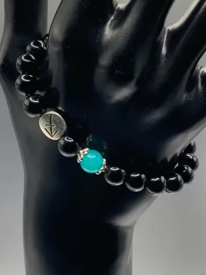 Sagittarius Zodiac black obsidian with aquamarine chalcedony semi precious stone/crystal elastic beaded bracelet with silver accents