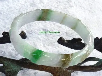 Sale-"Bat and Flowers" Imperial Green Vein Carved Jadeite Jade Bangle Bracelet 60mm (JHBB296)