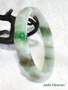 Sale-"Bat and Flowers" Imperial Green Vein Carved Jadeite Jade Bangle Bracelet 60mm (JHBB296)