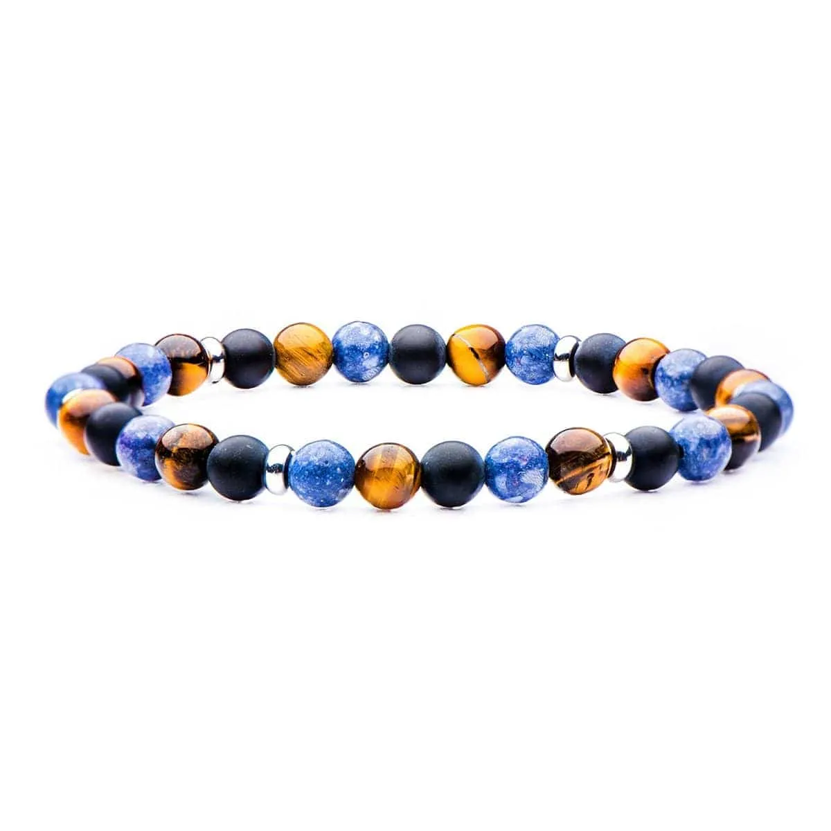 Silver Tone Stainless Steel, Black Agate, Blue Coral and Tiger's Eye Stone 6mm Bead Stackable Bracelet