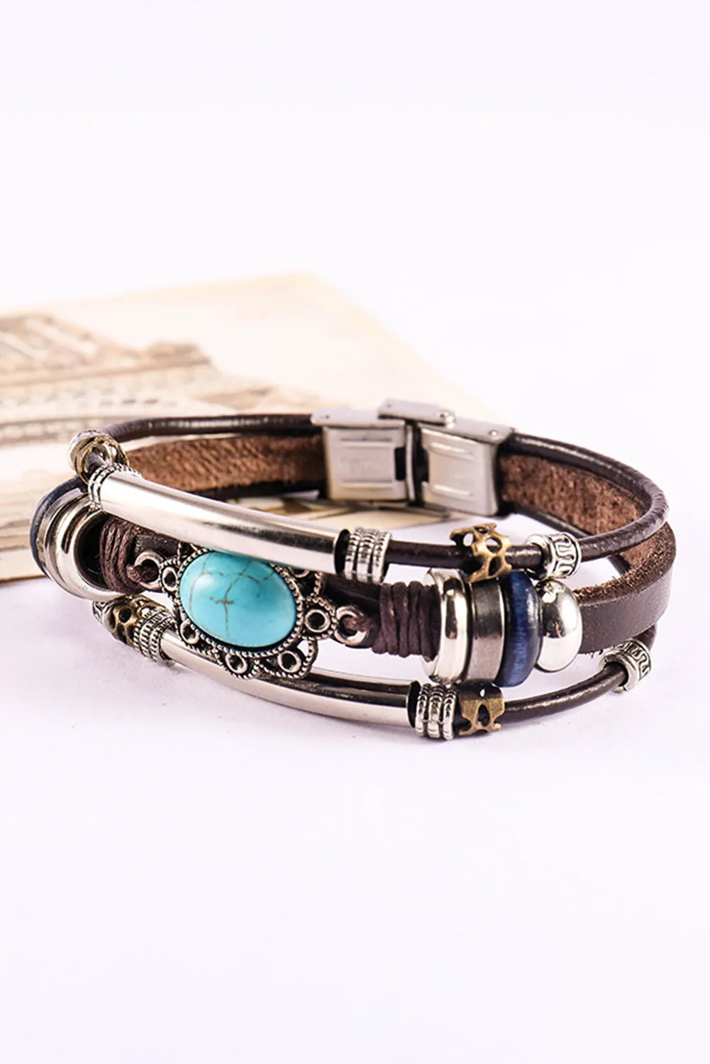 Turquoise Faux Leather Multi-layered Bracelet