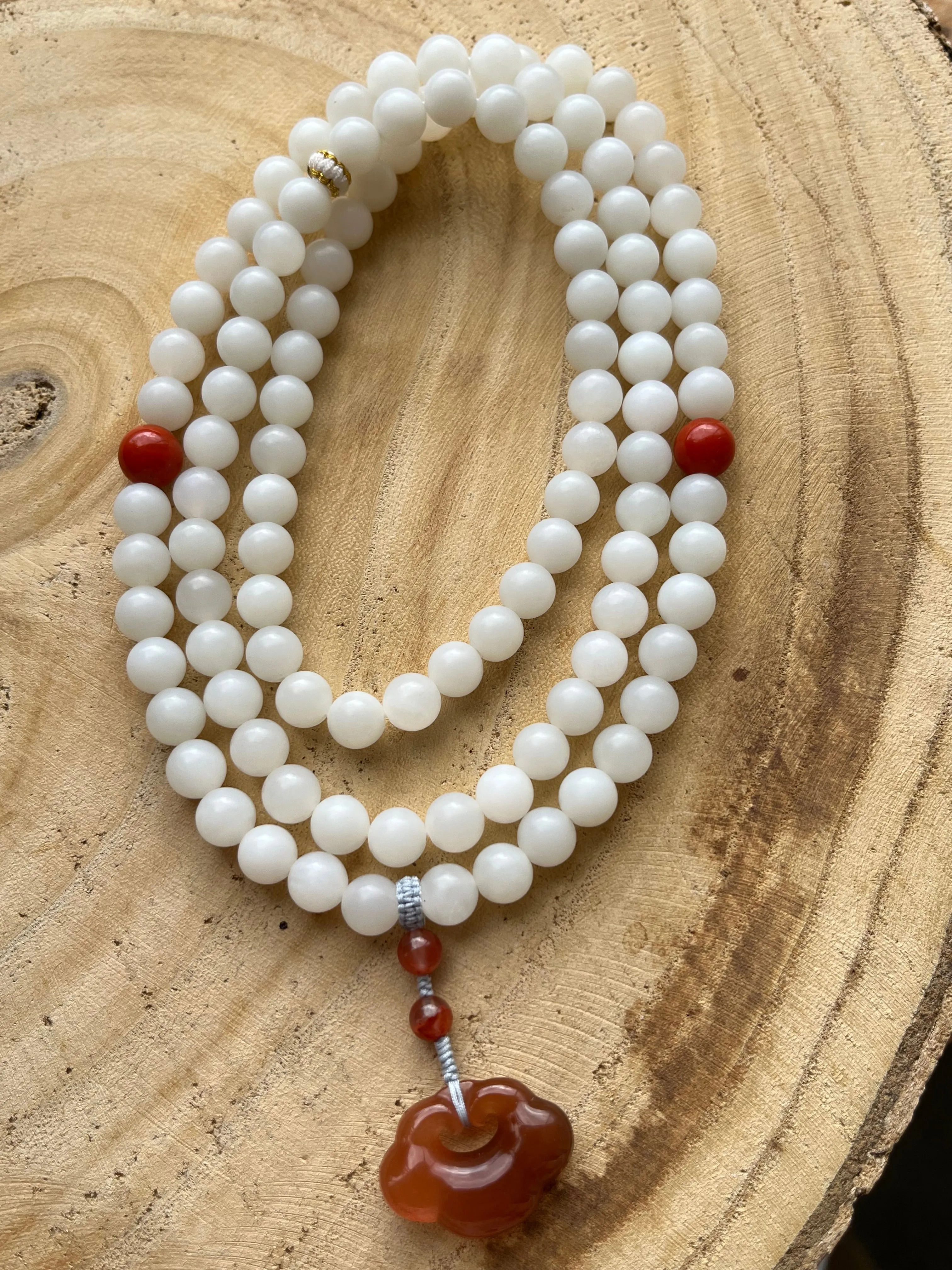 White Nephrite Beaded (8mm) Necklace, 俄白柔光108长串