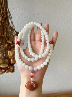 White Nephrite Beaded (8mm) Necklace, 俄白柔光108长串