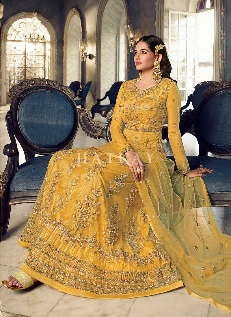 Yellow Embroidered Traditional Net Anarkali Suit