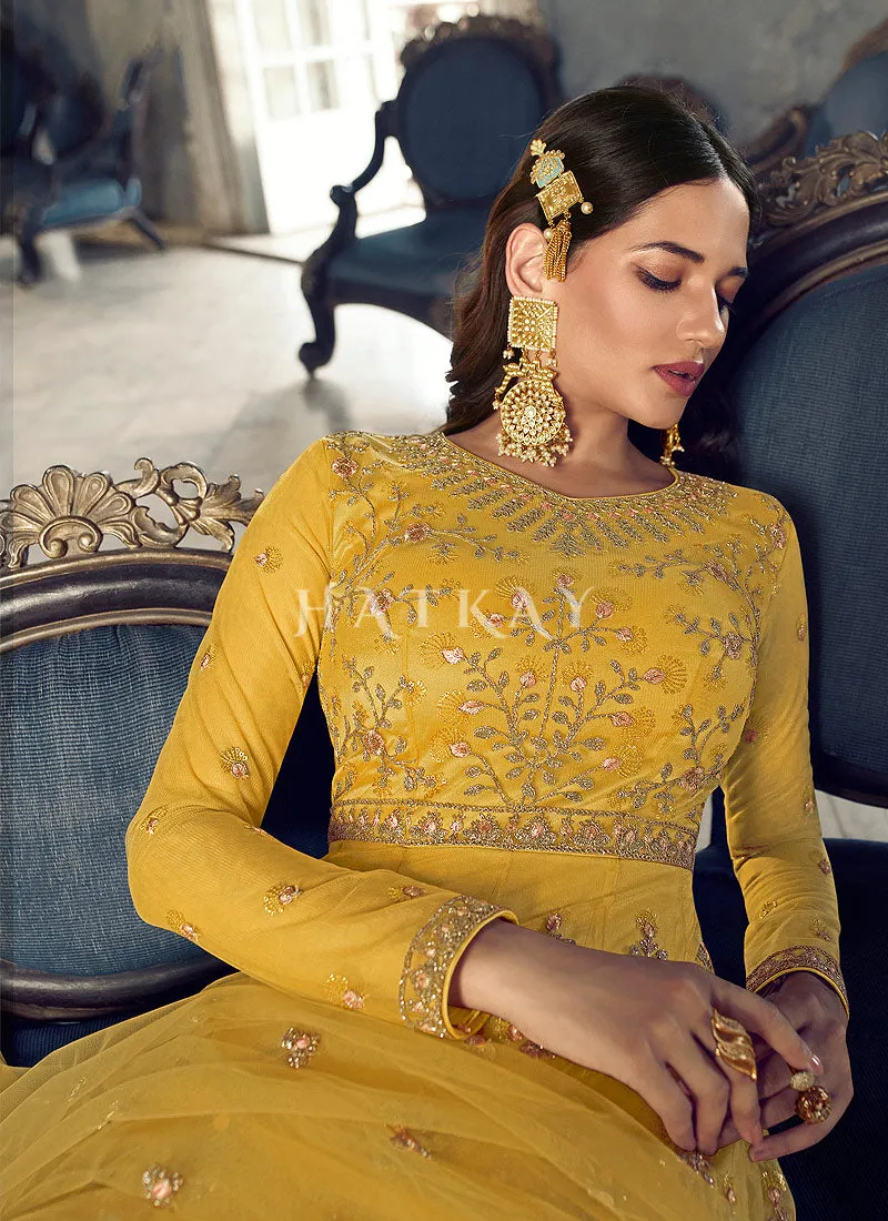 Yellow Embroidered Traditional Net Anarkali Suit